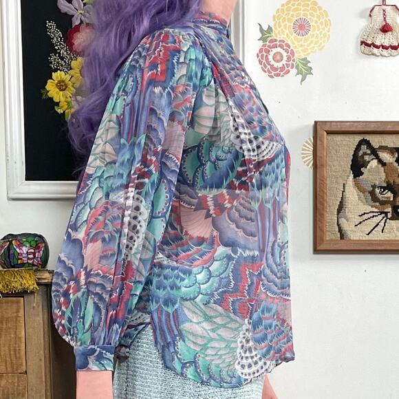 Vintage Bohemian Chiffon Blouse, 1970s Helene Sidel Feather Print Balloon Sleeve - Picture 6 of 10